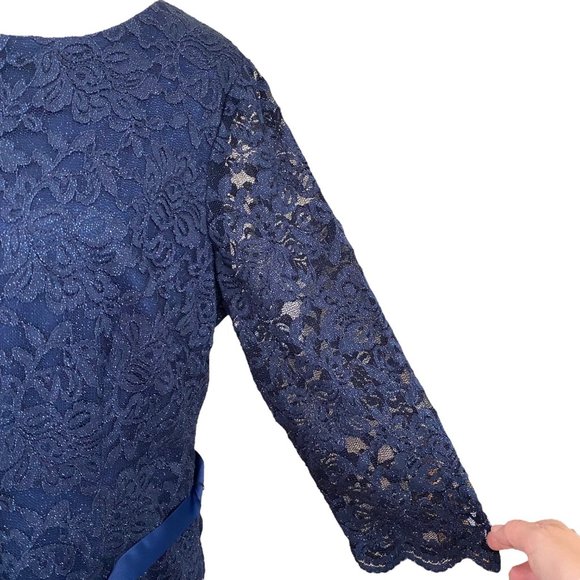 Alex Evenings Women's Navy Blue Lace & Striped Fit & Flare Tea Length Dress 18 - Picture 7 of 12